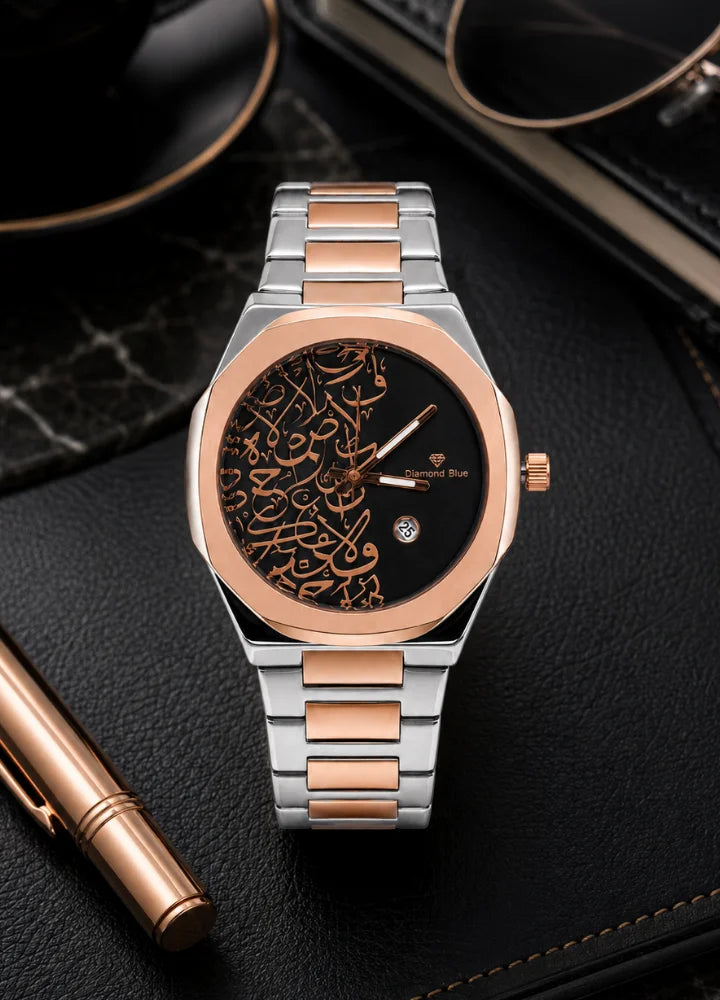 Diamond Blue Arabic Calligraphy Rose Gold Black Dial Watch DI-015