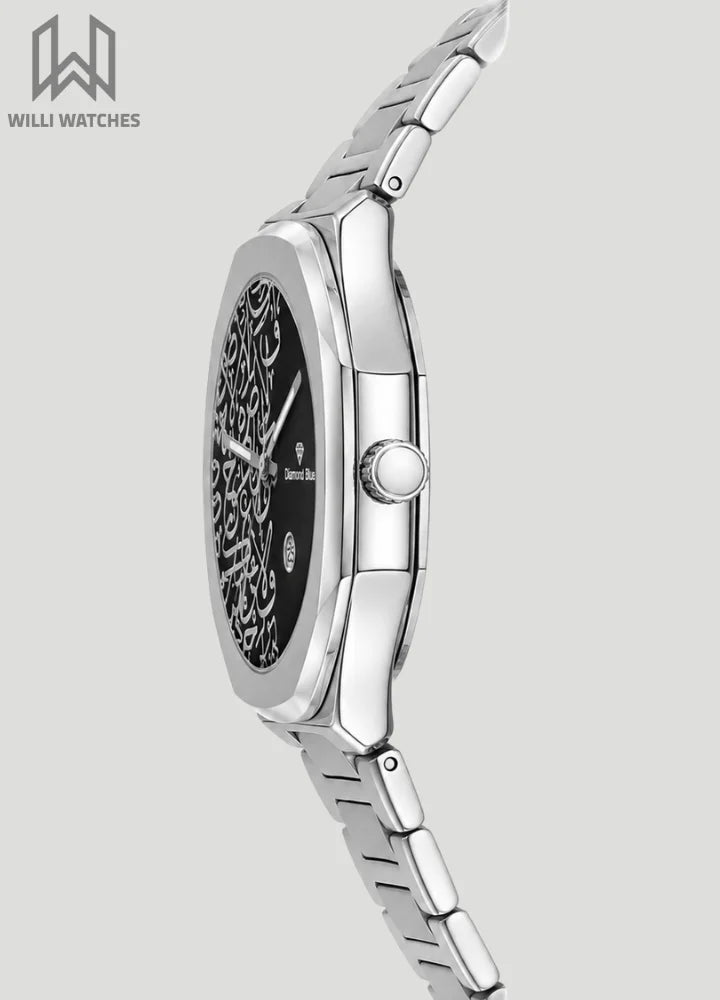 Diamond Blue Heritage Arabic Art Black Dial Silver Watch DI-014