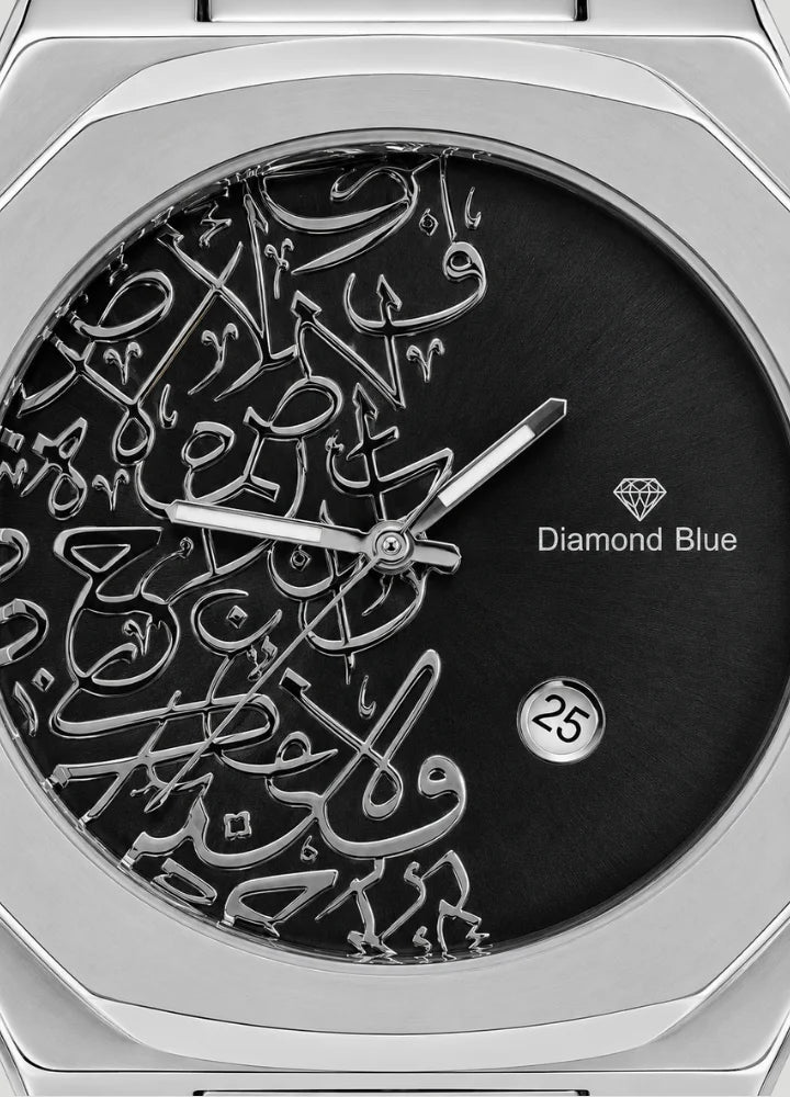 Diamond Blue Heritage Arabic Art Black Dial Silver Watch DI-014