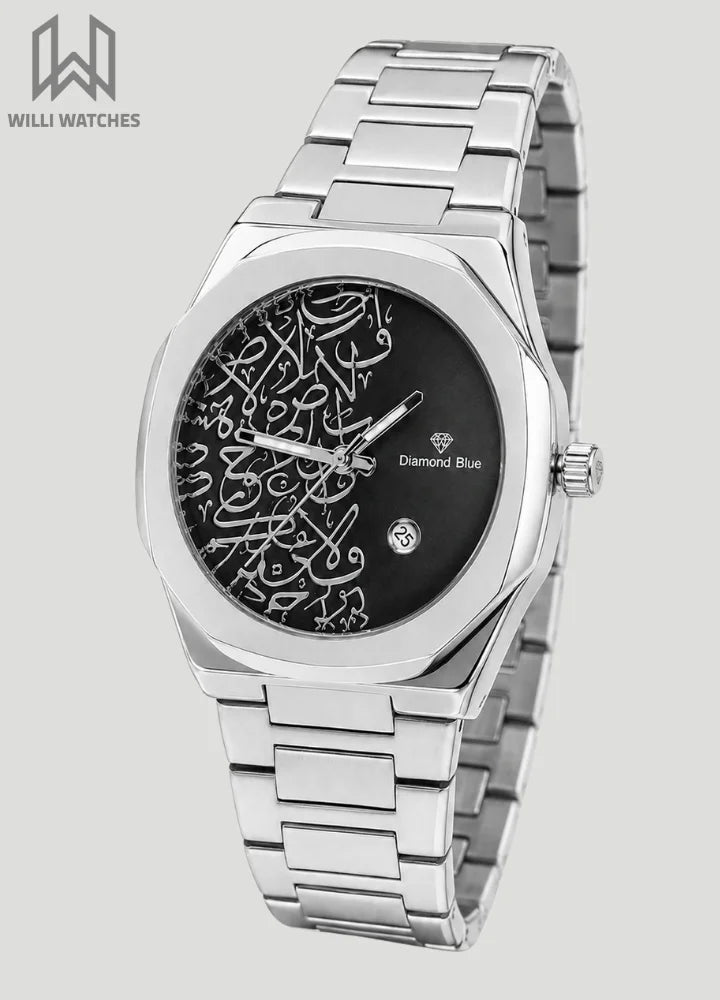 Diamond Blue Heritage Arabic Art Black Dial Silver Watch DI-014