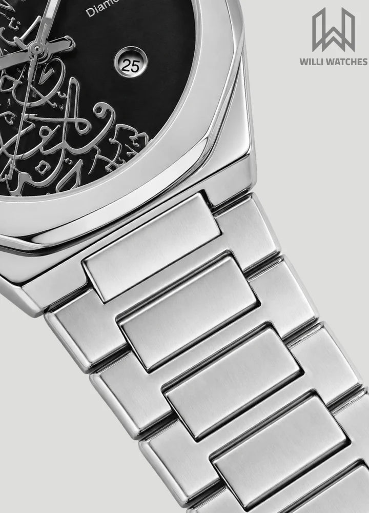Diamond Blue Heritage Arabic Art Black Dial Silver Watch DI-014