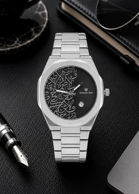Diamond Blue Heritage Arabic Art Black Dial Silver Watch DI-014