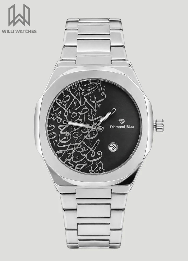 Diamond Blue Heritage Arabic Art Black Dial Silver Watch DI-014