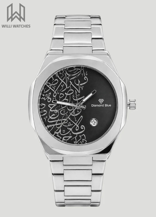 Diamond Blue Heritage Arabic Art Black Dial Silver Watch DI-014