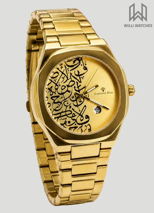 Diamond Blue Arabic Calligraphy Gold Dial Luxury Watch DI-001