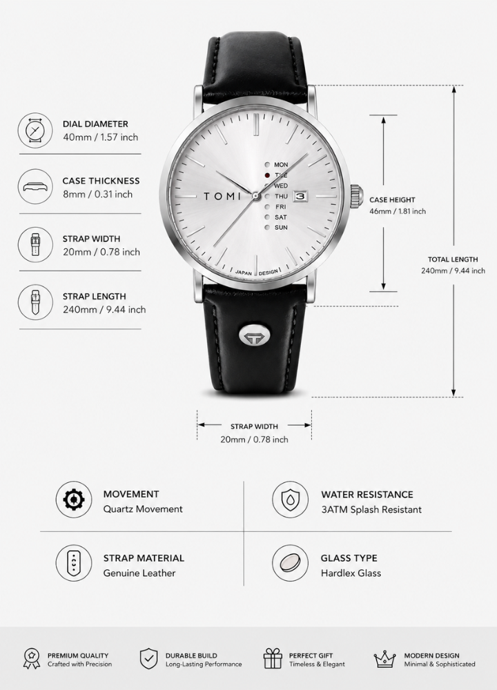 Tomi Executive Day Date White Dial Leather Strap Men’s Watch TM-036