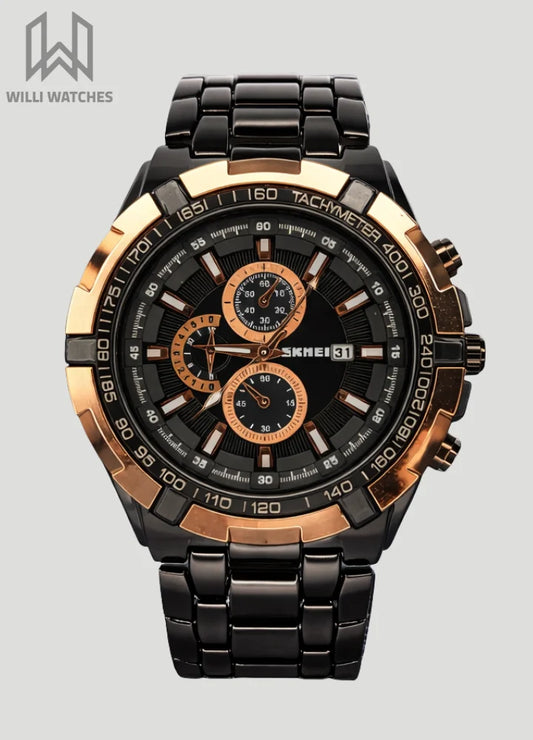 SKMEI Black Watch: Elegant Golden Black Dial S-006