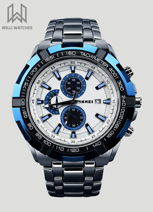 SKMEI Silver Watch: Elegant Blue White Dial S-004