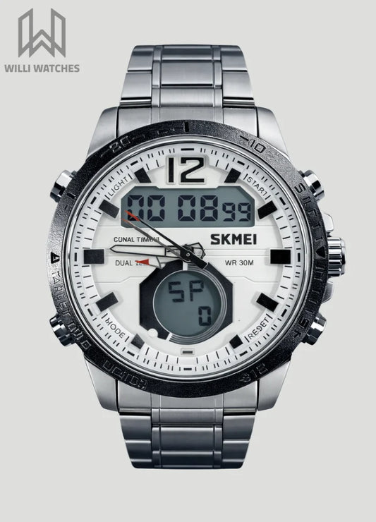 SKMEI Premium Silver Digital Analog Watch featuring Dual Time and Light S-013
