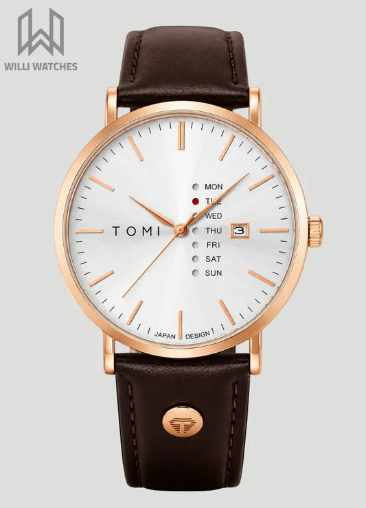 Tomi Executive Day Date Rose Gold Leather Strap Men’s Watch TM-037