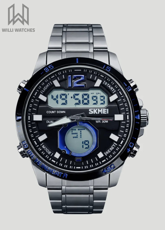 SKMEI Modern Silver Sports Watch with Dual Time and Digital Features S-014