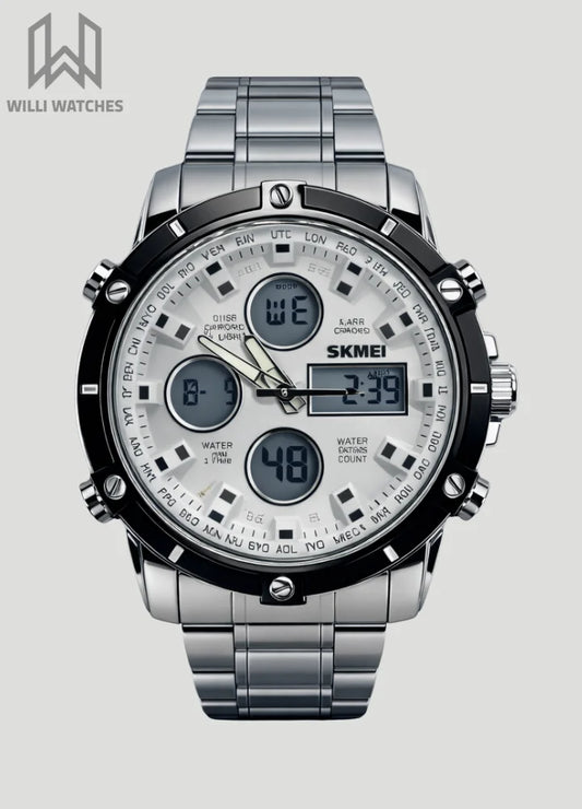 Skmei Silver With White Dial Dual Display Watch S-009