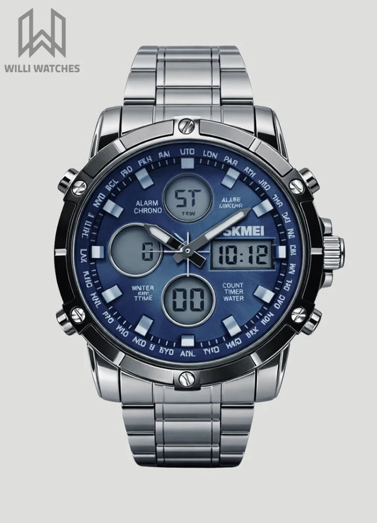 Skmei Silver With Blue Dial Dual Display Watch S-010