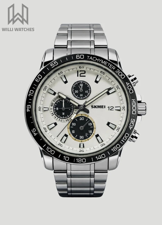 SKMEI Silver Watch: Elegant Black White Dial S-001