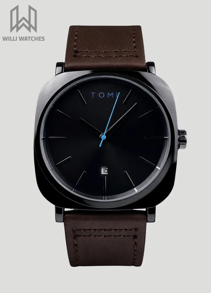 TOMI Leather Strap Men's Watch – Black Dial, Brown Strap TM-001
