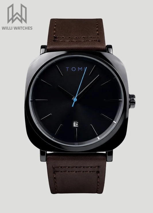 TOMI Leather Strap Men's Watch – Black Dial, Brown Strap