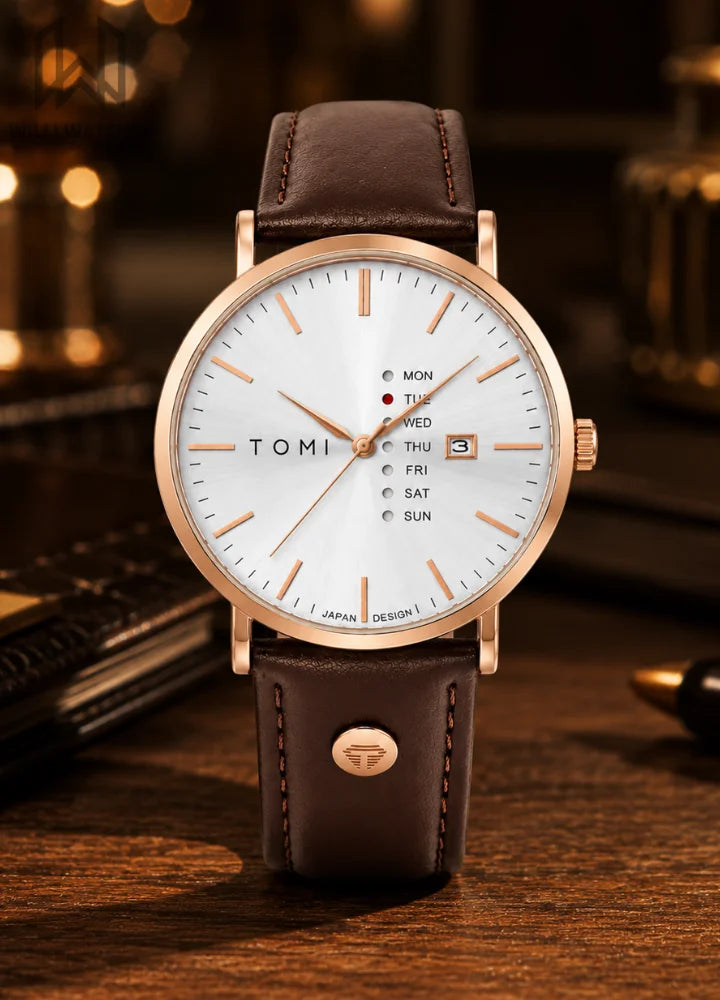 Tomi Executive Day Date Rose Gold Leather Strap Men’s Watch TM-037