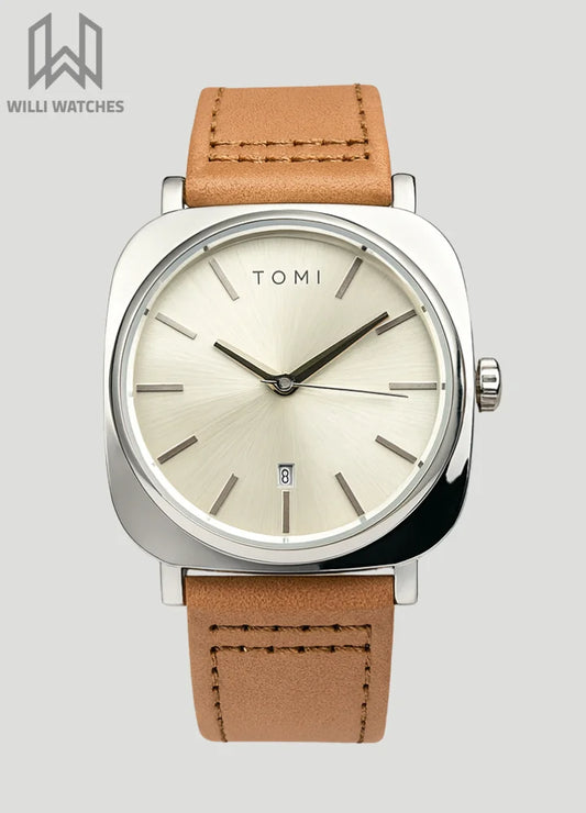 TOMI Leather Brown Strap Watch – Silver or White Dial TM-002