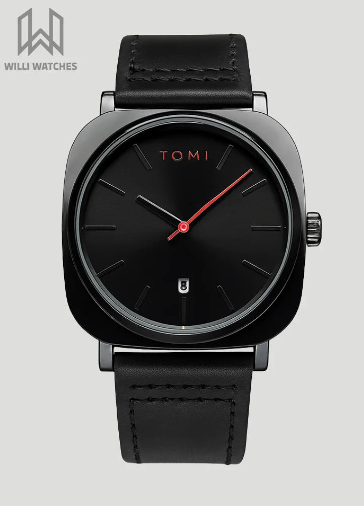 TOMI Leather Strap Men's Watch – All Black Elegance TM-005