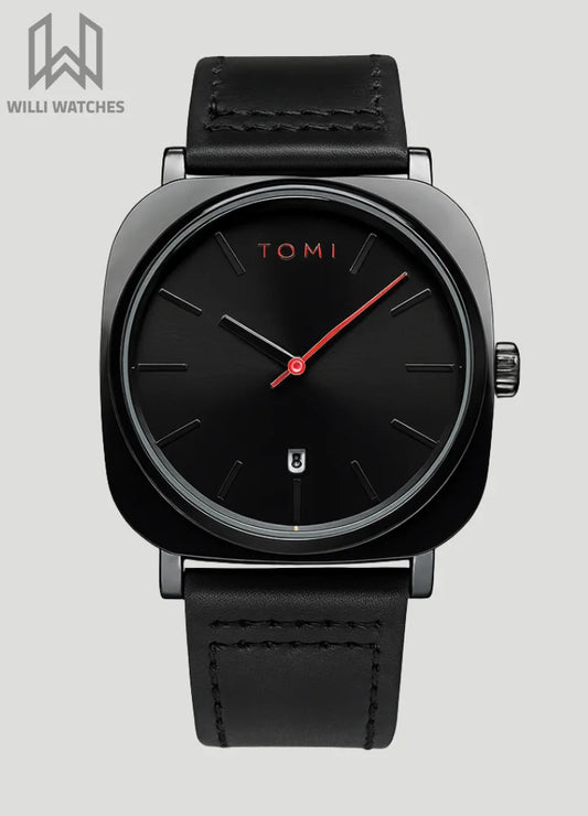 TOMI Leather Strap Men's Watch – All Black Elegance TM-005