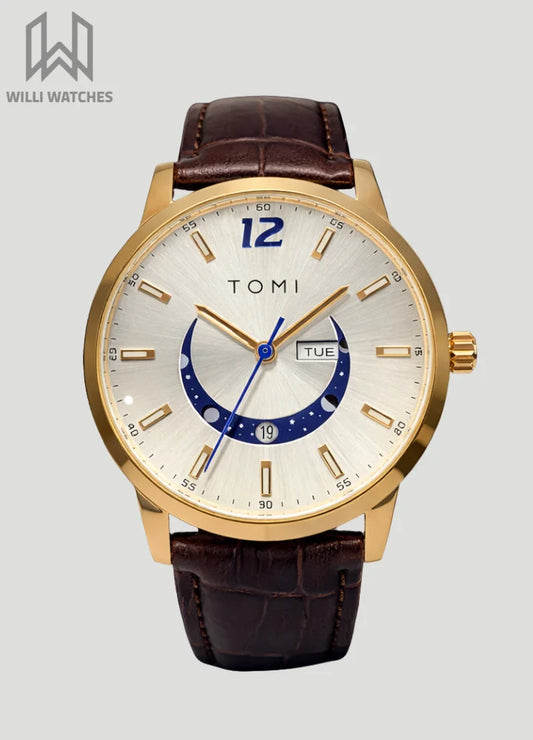 Tomi Premium Brown Leather Day-Date White Dial Watch TM-031