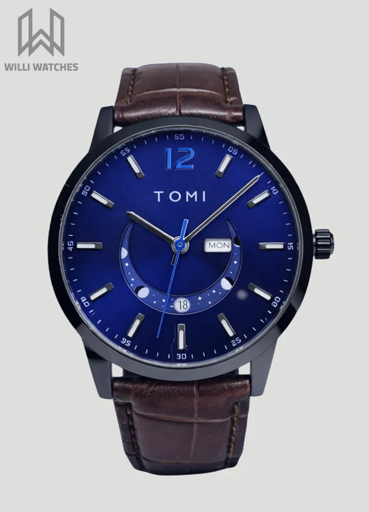 Tomi Premium Blue Dial Day-Date Brown Leather Watch TM-035