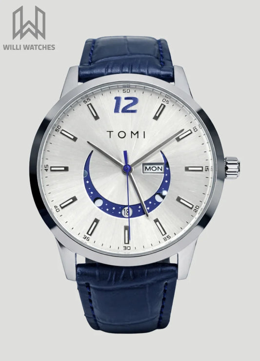 Tomi Premium White Dial Day-Date Blue Strap Watch TM-032
