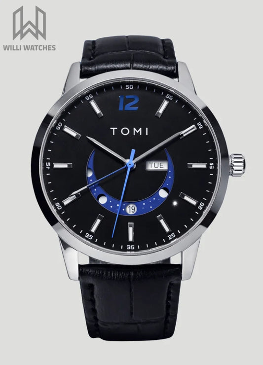 Tomi Elegant Black Leather & Silver Black Case Day-Date Men’s Watch TM-033