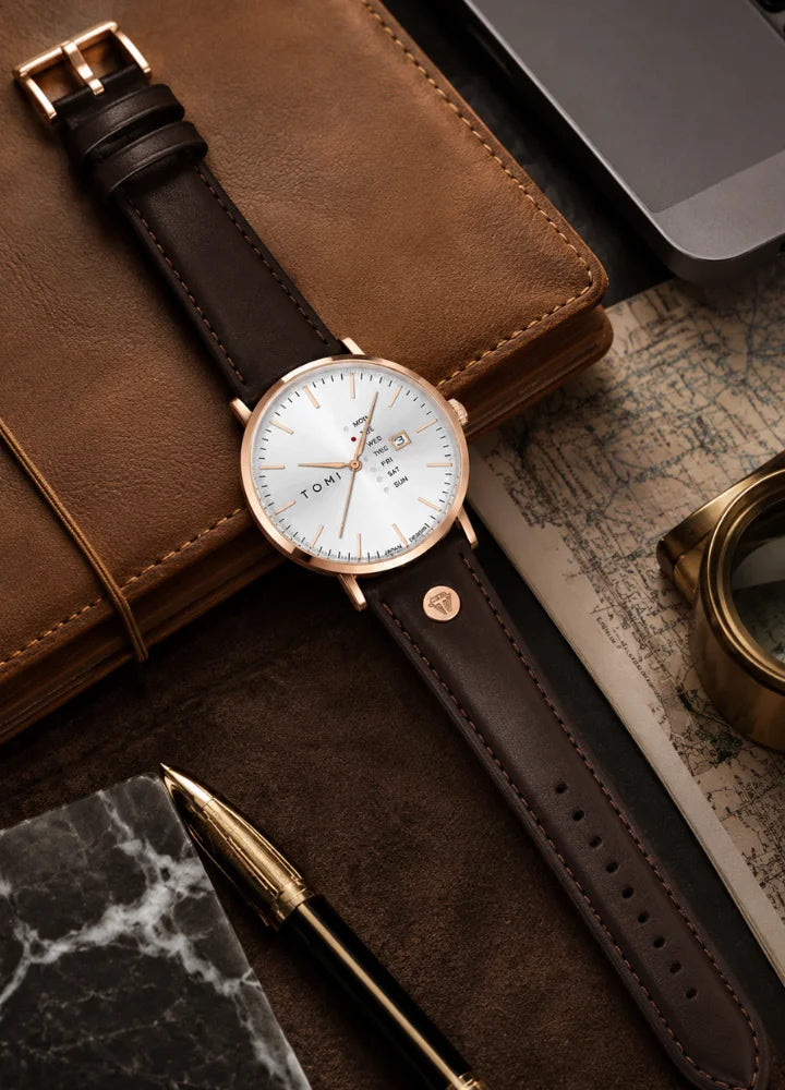 Tomi Executive Day Date Rose Gold Leather Strap Men’s Watch TM-037
