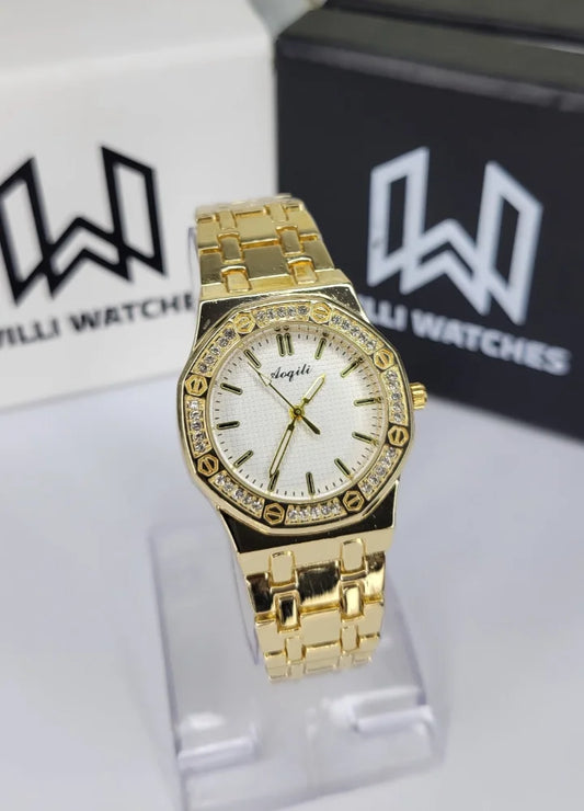 Aogili Premium Golden Luxury Watch for Women – White Dial FM-017