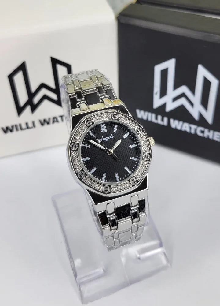 Aogili Silver Black Dial Diamond Bezel Luxury Ladies Watch FM-014