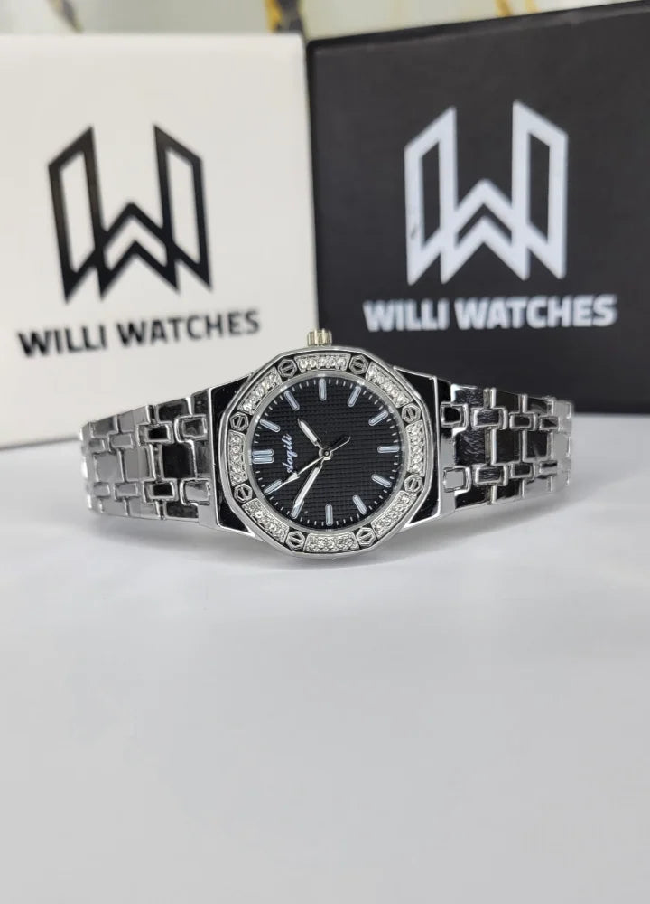 Aogili Silver Black Dial Diamond Bezel Luxury Ladies Watch FM-014