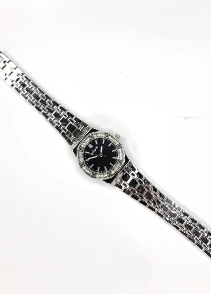 Aogili Silver Black Dial Diamond Bezel Luxury Ladies Watch FM-014
