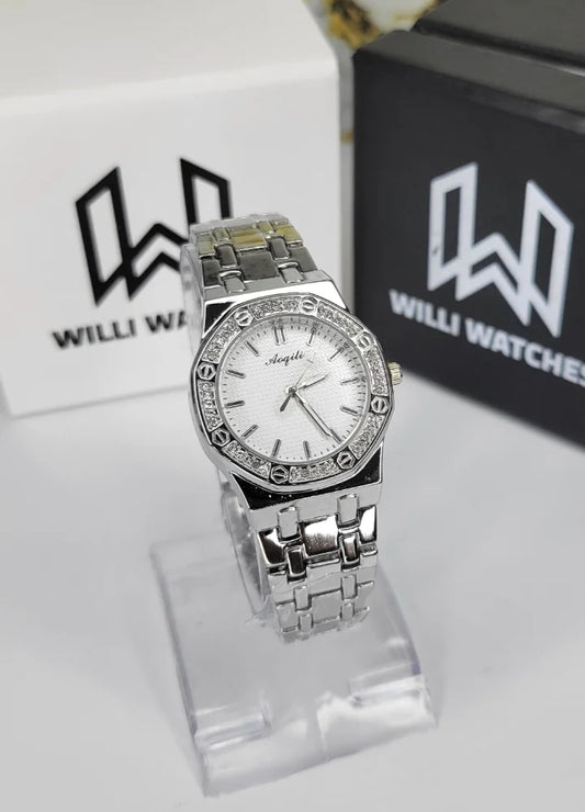 Aogili Silver White Dial Diamond Bezel Luxury Ladies Watch FM-013