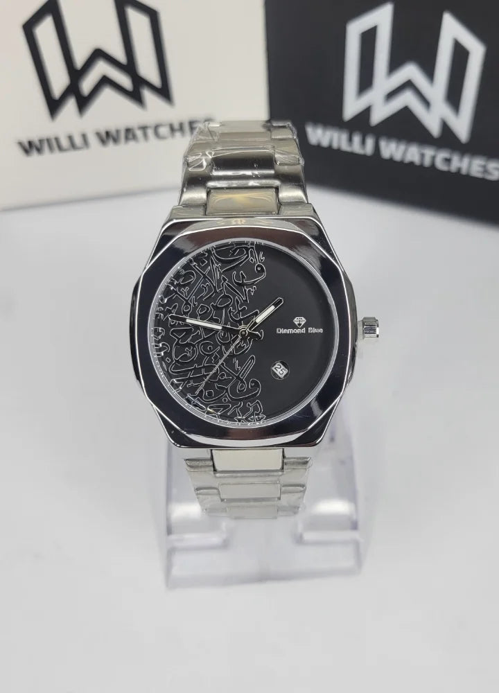 Diamond Blue Heritage Arabic Art Black Dial Silver Watch DI-014