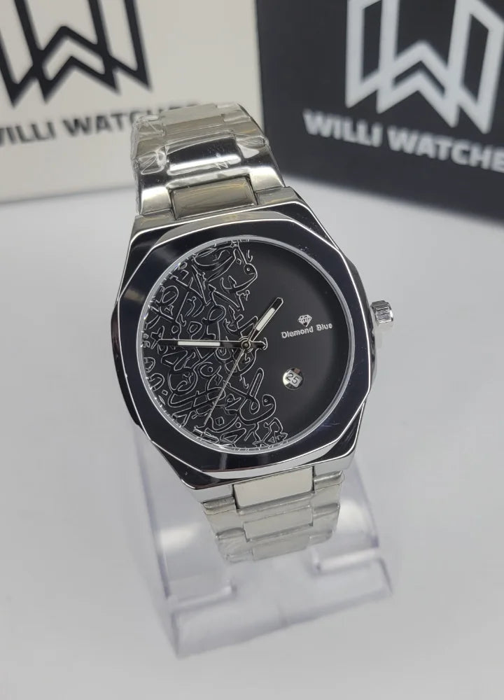 Diamond Blue Heritage Arabic Art Black Dial Silver Watch DI-014
