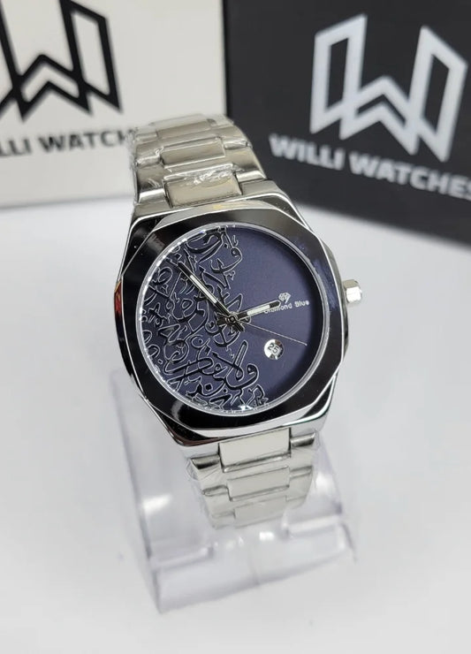 Elegant Silver With Blue Dial Arabic Calligraphy Luxury Wristwatch D-005
