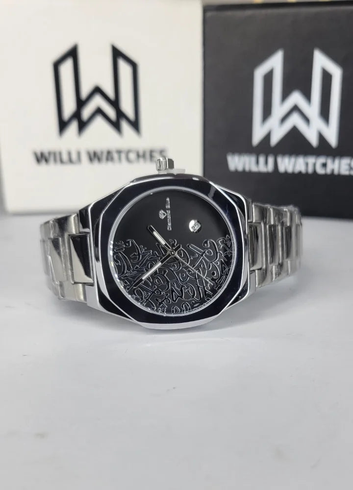 Diamond Blue Heritage Arabic Art Black Dial Silver Watch DI-014