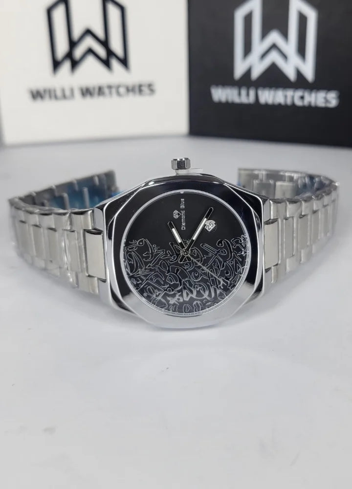 Diamond Blue Heritage Arabic Art Black Dial Silver Watch DI-014