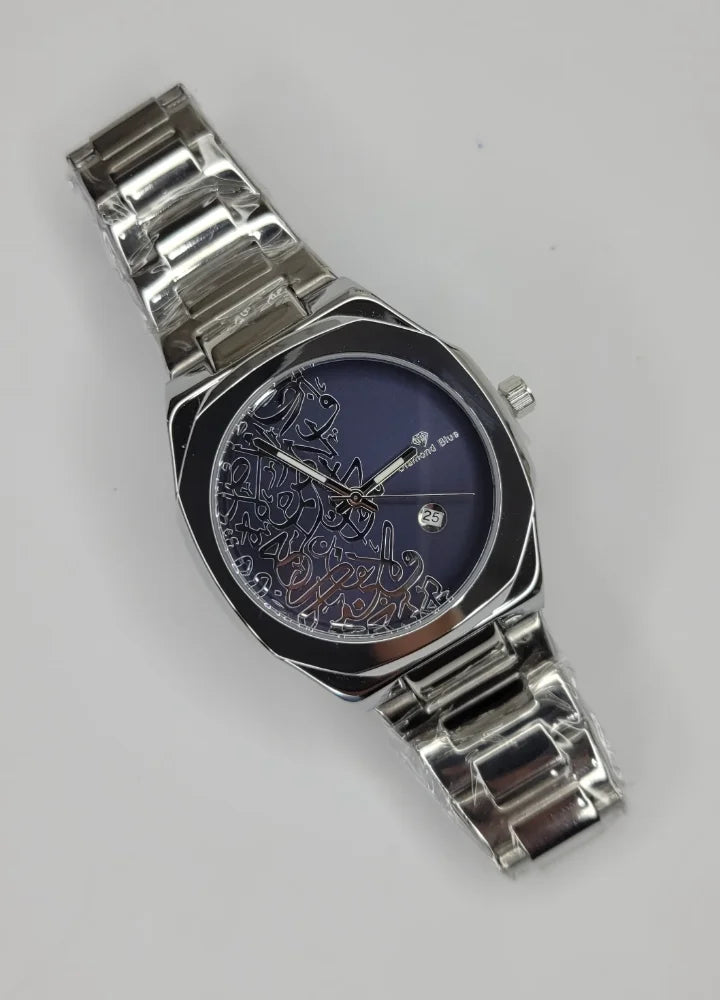 Elegant Silver With Blue Dial Arabic Calligraphy Luxury Wristwatch D-005