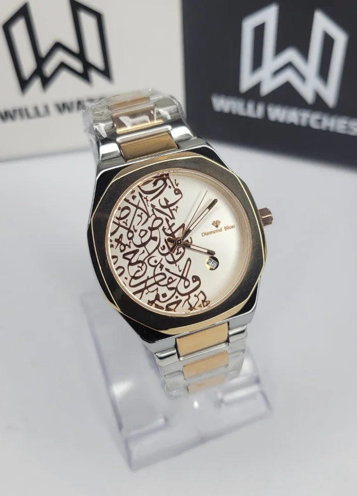 Diamond Blue Elegant Arabic Art Two-Tone Rose Gold Watch DI-012