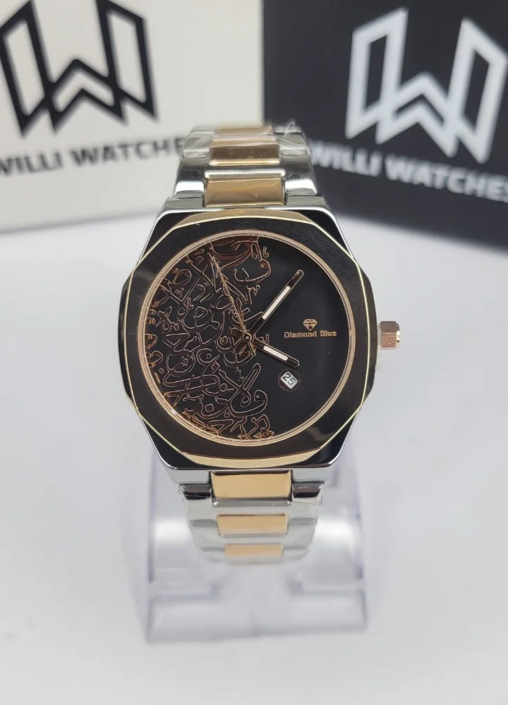 Diamond Blue Arabic Calligraphy Rose Gold Black Dial Watch DI-015