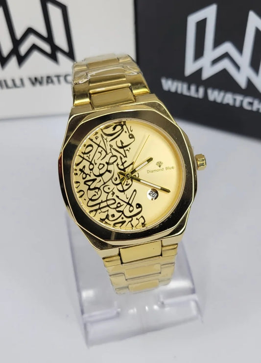 Diamond Blue Arabic Calligraphy Gold Dial Luxury Watch DI-001