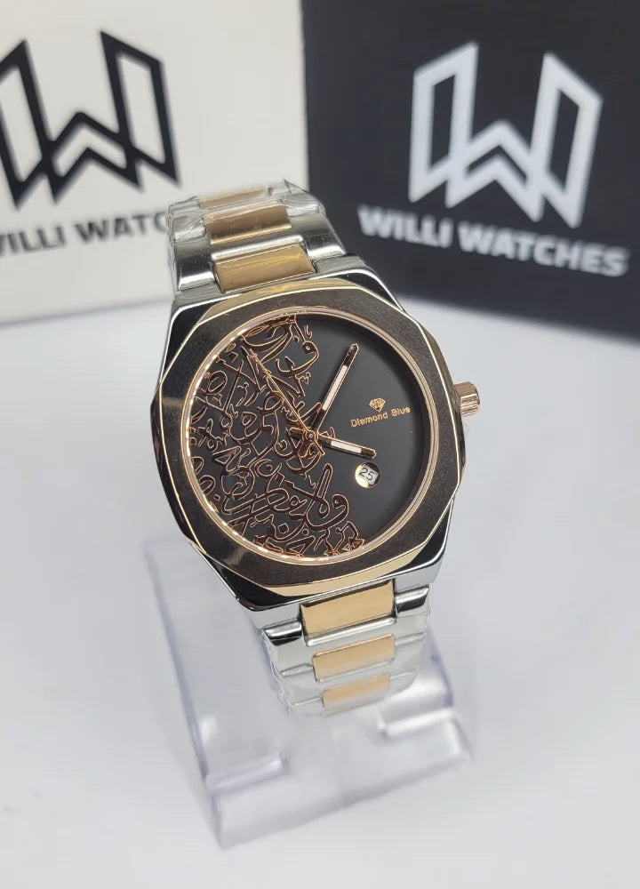 Diamond Blue Arabic Calligraphy Rose Gold Black Dial Watch DI-015