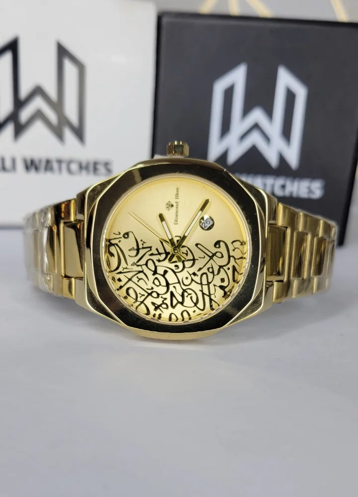 Diamond Blue Arabic Calligraphy Gold Dial Luxury Watch DI-001