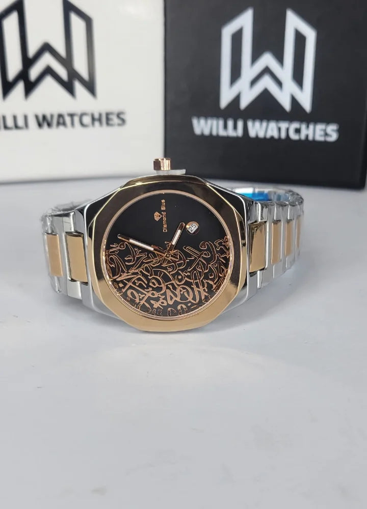 Diamond Blue Arabic Calligraphy Rose Gold Black Dial Watch DI-015