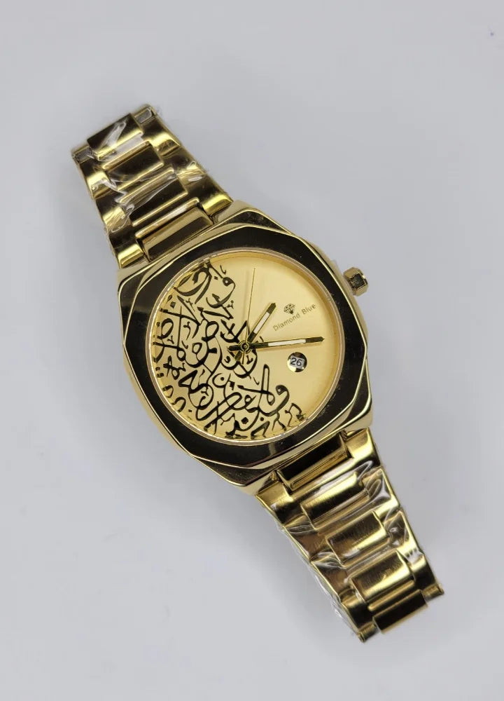 Diamond Blue Arabic Calligraphy Gold Dial Luxury Watch DI-001