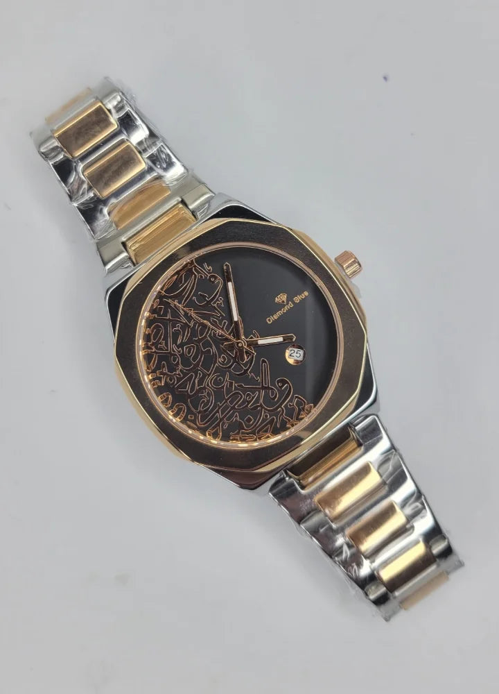 Diamond Blue Arabic Calligraphy Rose Gold Black Dial Watch DI-015