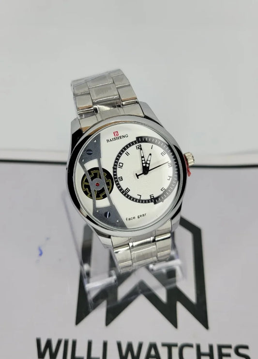 BAISHENG White Dial Silver Face Gear Watch B-008