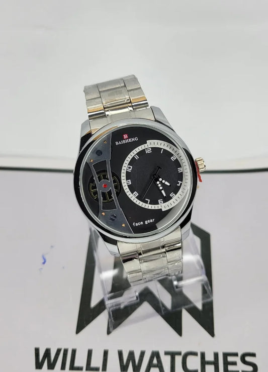 BAISHENG Black Dial Silver Face Gear Watch B-009